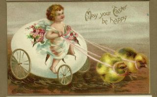 Easter Embossed Postcard/ Child In Egg Wagon Pulled By Chicks/ Gilded/ Cute