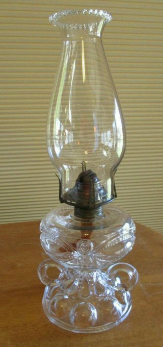 Wedding Pattern - Clear Glass - Footed Double Finger Oil Lamp - 13.  75 " Tall (62g)