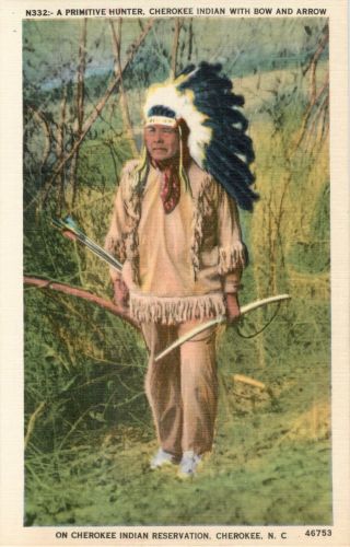 Cherokee North Carolina Primitive Hunter American Native Indian Linen Postcard