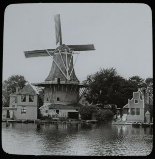 Antique Magic Lantern Slide Dutch Windmill On Waterway C1900 Photo Holland