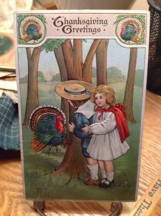 Vintage Thanksgiving Postcard Girl In Red Cape Holding Boy In Hat Watchingturkey
