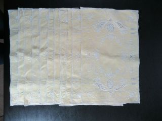 Vintage Drawn Thread Embroidery Yellow Cotton Placemats Set