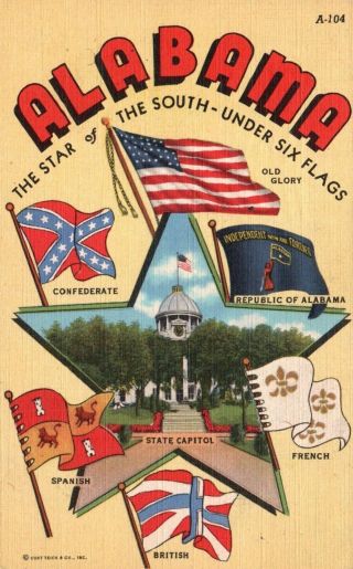 Alabama,  Al,  Star Of The South - Under Six Flags,  1945 Linen Vintage Postcard G4104