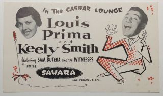 Las Vegas Nevada Sahara Hotel Advertising Postcard Louis Prima Keely Smith 1958