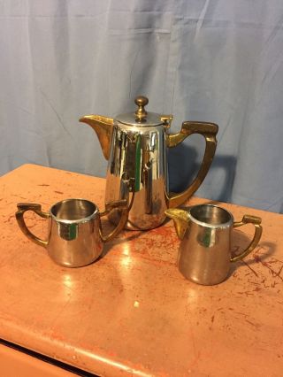 Vintage Silver Colored Tea Set With Brass Handles.  Jts Jst.  Low Ship