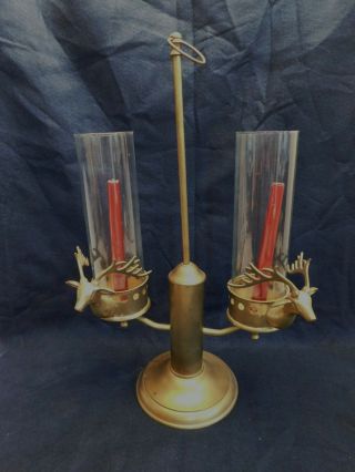 Large Vtg.  Candelabra Brass,  Deer Antlers,  Glass,  Candle Holder