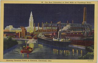 1941 Ore Boat Unloading At Steel Mills On Cuyahoga River Cleveland Ohio Postcard