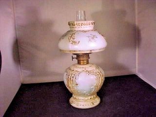 Antique Miniature Oil Lamp Milk Glass Embossed Scrolls & Feathers Elsie