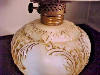 Antique Miniature Oil Lamp Milk Glass Embossed Scrolls & Feathers ELSIE 4