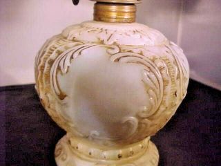 Antique Miniature Oil Lamp Milk Glass Embossed Scrolls & Feathers ELSIE 5
