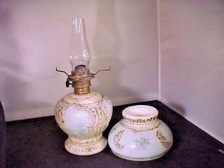 Antique Miniature Oil Lamp Milk Glass Embossed Scrolls & Feathers ELSIE 7