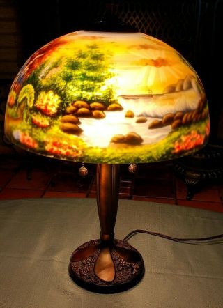 Bronze Lamp & Reverse Painted Lamp Shade Cottage By A Stream 22 In Tall Vg