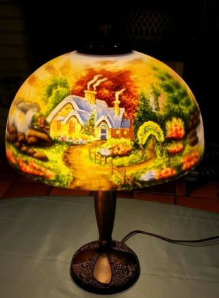 BRONZE Lamp & Reverse Painted Lamp Shade Cottage by a stream 22 in Tall VG 2