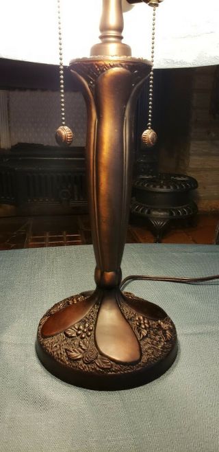 BRONZE Lamp & Reverse Painted Lamp Shade Cottage by a stream 22 in Tall VG 5