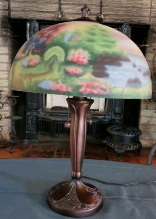 BRONZE Lamp & Reverse Painted Lamp Shade Cottage by a stream 22 in Tall VG 7