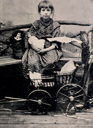 Great 1/6 Plate Tintype - Girl With Two Dolls & A Doll Carriage With Sun Bonnet