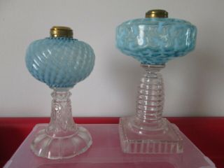 2 Antique Blue Opalescent Oil Lamps - No Burners - Less Than Perfect - Nr