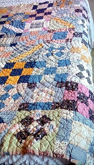 Vintage Full Size Hand Stitched 9 Square Quilt - Pinks & Blues & Multi 68 " X 58 "
