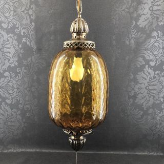 Golden Amber 19” Glass & Brass Mcm Hanging Swag Ceiling Lamp Light Vintage Retro