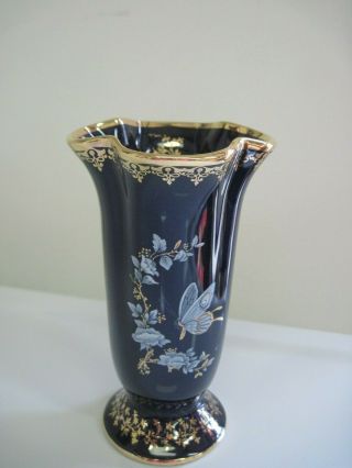 Limoges Porcelain Cobalt Blue Vase Ruffled Gold Edges Butterfly Flowers