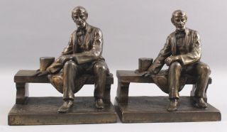 Pair Antique Early 20thc Sitting Abraham Lincoln Bronzed Bookends,  Nr