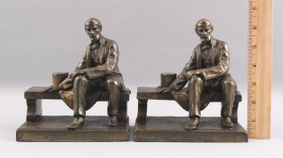 Pair Antique Early 20thC Sitting Abraham Lincoln Bronzed Bookends,  NR 2