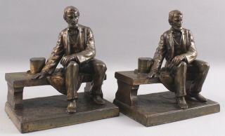 Pair Antique Early 20thC Sitting Abraham Lincoln Bronzed Bookends,  NR 3