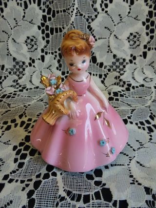 Vintage Josef Originals Porcelain Girl In Pink Figurine With Basket Of Flowers