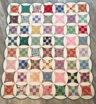 Vintage Nine Patch Pin Cushion Quilt Handmade Floral Plaid Scalloped 65x75 Stain
