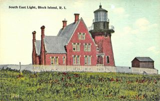Block Island Ri Lighthouse South East Light In1916 Postcard