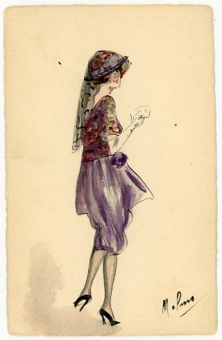 Art Watercolor Edwardian Maiden Hand Painted Postcard Antique Fashion