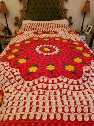 Vintage Chenille Bedspread Red White And Pink With Yellow Flowers Gorgeous 50 