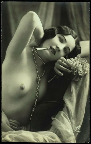 1910 French Photo Postcard Nude Voluptuous Girl Necklace Smoking