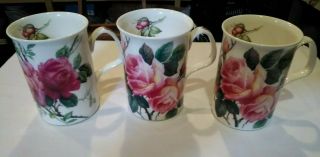 Roy Kirkham English Rose Bone China Mugs Coffee Cups England Set Of 3 Bin 1057