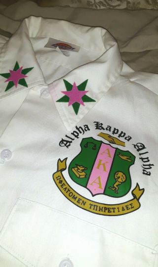 Alpha Kappa Alpha Sorority AKA sz large buttondown shirt with pink collar stain 2