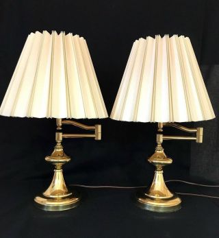 Stunning Pair Swing Arm Adjustable Brass Table Lamps 3 - Way Switch Cloth Shades