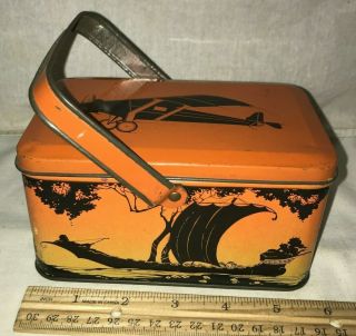 Antique Tin Litho Lunch Box Candy Pail Vintage Airplane Cowboy Indian Boat Toy