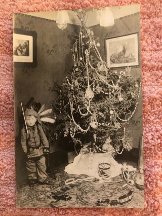 Real Photo Postcard Christmas Tree Boy Dressed As Indian With Gun And Toys
