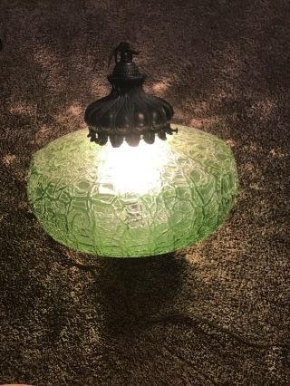 Vintage Mid - Century Green Crackle Glass Hanging Swag Lamp Pendant Light Retro