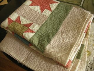 Antique All Hand Made Cotton Star Pattern Quilt,  Fall Colors,  Meticulous