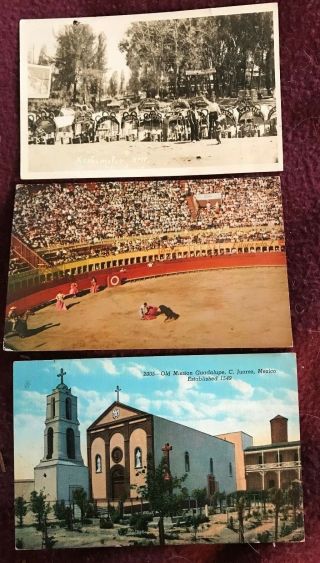 3 Vintage Mexico Postcards - Tijuana Bull Fight,  Xochimilco,  Juarez W/stamps
