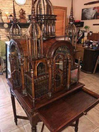 Antique Carved Wooden Bird Cage With Mahogany Finish