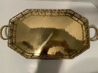 Hollywood Regency Faux Bamboo Brass Handled Gallery Tray Octagon