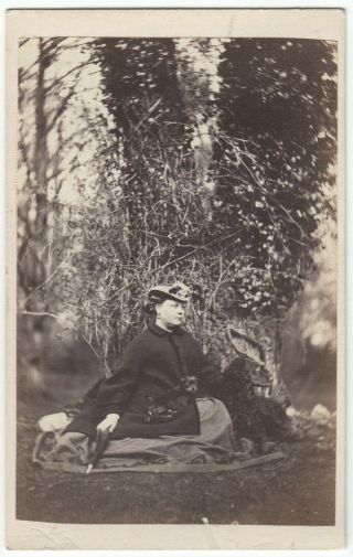 Cdv: Portrait Young Woman Under A Tree With Her Dog