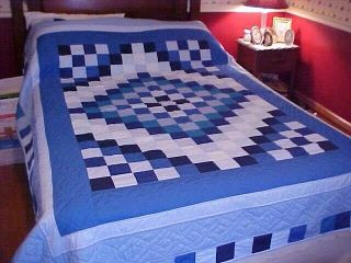 Vintage Hand Made Pieced Quilt,  Multicolor Blue Checkerboard Design