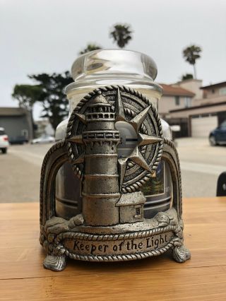 Large Round Lighthouse Pewter Candle Holder,  " Keeper Of The Light " Yankee Candle