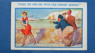 Risque Boating Comic Postcard 1937 Silk Stockings Legs Short Skirt Dinghy Behind