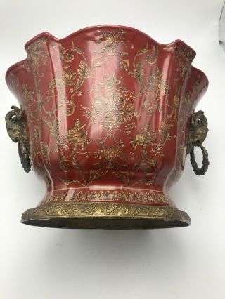 Mark Roberts Cachepot Ceramic Pottery Red Floral Bronze Rams Head Handles Vase