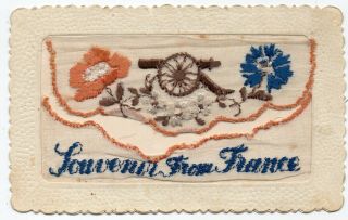 Rare Ww2: Field Gun: Souvenir From France: Patriotic Embroidered Silk Postcard