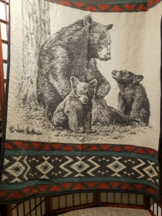Vtg Biederlack Grizzly Bear Cubs Aztec Native Throw Blanket Made In Usa 77 X 52